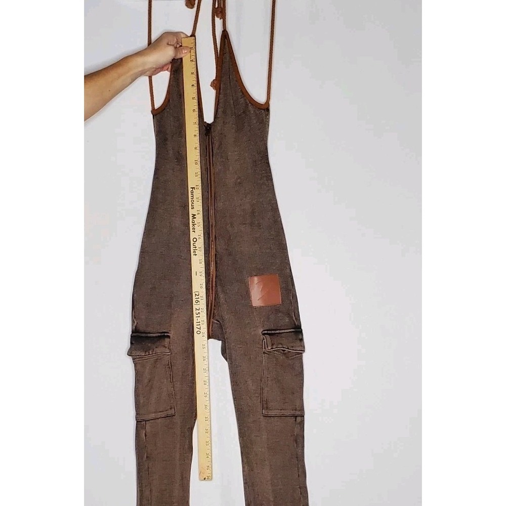 Ribbed Halter Bodycon Jumpsuit Women Medium Brown Zipper Cargo Urban Baddie - Picture 11 of 14